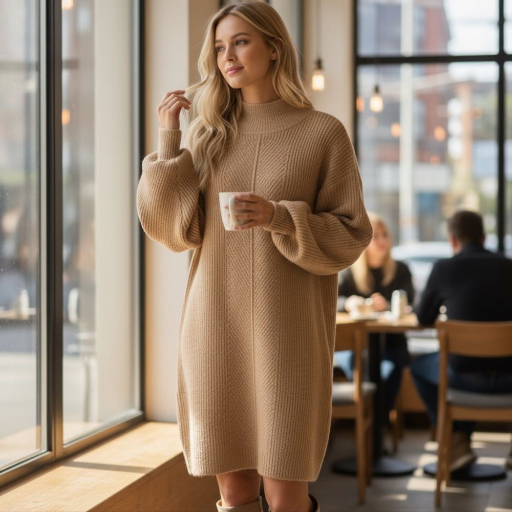 a loves a Camel Mock Turtleneck Sweater Dress with Full Sleeves